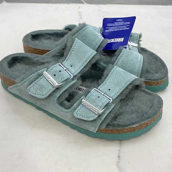 BIRKENSTOCK ARIZONA Sz 5 SHEARLING SANDAL SUEDE LEATHER GREEN BERYL Size 36 - Picture 1 of 6